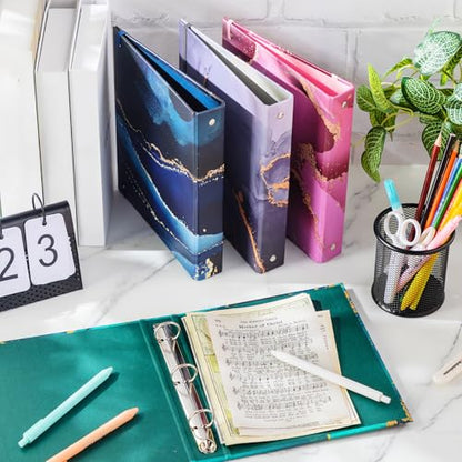 Colarr 4 Pcs Mini 3 Ring Economy Binders for 5.5" x 8.5" Paper for School, Office and Home Use, Cute Marble Small 1 Inch Round Three Ring A5 Binders with Elastic Cord, Decorative Hardcover - style: Marble
