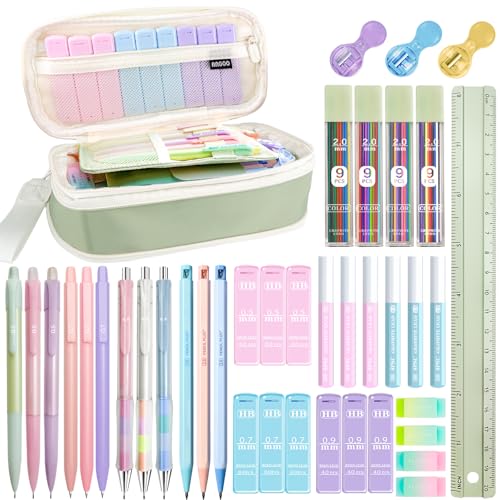 JIZHIYUAN Mechanical Pencil Set with Green Pencil Case,12X Pastel Mechanical Pencil 0.5mm-2.0mm with 564X HB+36X Color Leads for Writing, Drafting, Drawing, Sketching Ideal College Study Essentials - color: Green