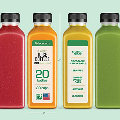 DECADORN 12 oz Juice Bottles with Caps, 20 Pack, Made in USA | BPA-Free Plastic Bottles, Tamper-Evident Lids, Leak-Resistant, Shatterproof, Disposable & Recyclable, for Fridge Storage - size: 12 oz 20 Pack