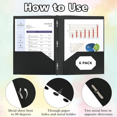 Plastic Folders with Pockets and Prongs - 6pcs Plastic Pocket Folders with Brads,Black Vinyl Poly 3 Prong 2 Pocket Sturdy File Folders for Documents Homework Paper,Back to School Supplies - color: Black