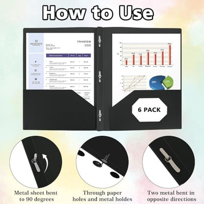Plastic Folders with Pockets and Prongs - 6pcs Plastic Pocket Folders with Brads,Black Vinyl Poly 3 Prong 2 Pocket Sturdy File Folders for Documents Homework Paper,Back to School Supplies - color: Black