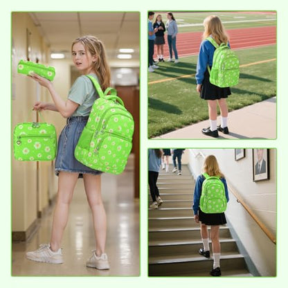 Glodwheat Daisy Printed Backpack For Girls- 3Pc Set With Lunch Box & Pencil Case, Lightweight Water-Resistant Bookbag For Elementary School - color: Grass-green