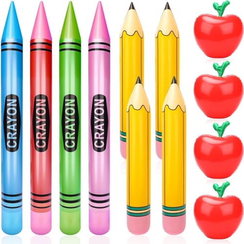 SAYAYA 12 Pcs Large Inflatable Pencil Balloons Set Jumbo Inflatable Crayons Red Apple-Shaped Balloons Back to School Hanging Decor for Classroom Garden Room Birthday Party Decorations - style: Pencil & Crayons & Red Apple