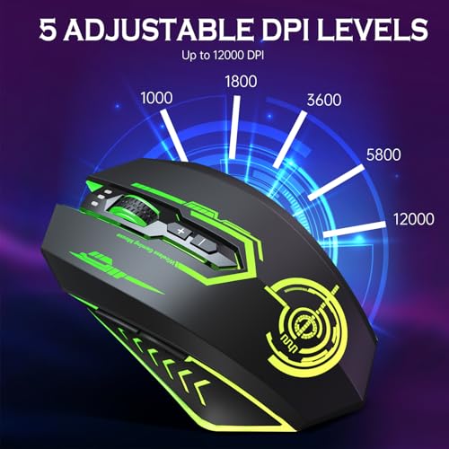UHURU Wireless Gaming Mouse Up to 12000 DPI, Rechargeable USB-C Wireless Mouse with 7 Buttons 7 Dynamic LED Color Ergonomic Programmable MMO RPG for PC Laptop, Compatible with Windows Mac - color: Black