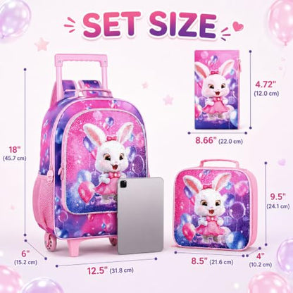 3Pcs Bunny Rolling Backpack for Girls, Kids School Backpacks with Wheels, Roller Bookbag with Lunch Box for Elementary Preschool(Pink) - color: Pink Rabbit