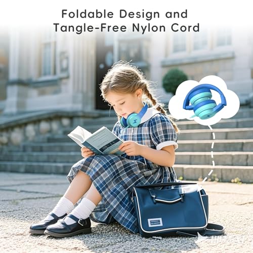 Candy Bila Kids Headphones, Wired Headphones for Kids with Microphone, 85/94dB Volume Limiter Headphone for Girls Boys, Foldable Headphone for Online Study, Gradient Blue - color: Gradient Blue