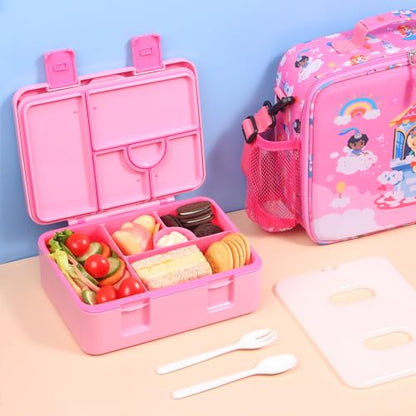 rockpapa Chill Bento Box for Kids- Large 5.5 Cups Lunch Box with Ice Pack - 5 Compartments, BPA-Free, Leak Proof, with Utensils & Portable Handle, Microwave/Dishwasher Safe (Pink Fairies) - color: Pink Fairies