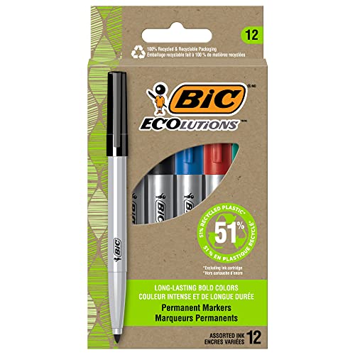 BIC Ecolutions Fine Permanent Markers, Fine Bullet Tip, 12-Count Pack of Assorted colours, Marker Set Made from 51% Recycled Plastic