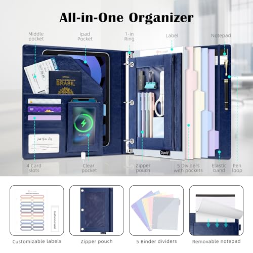 Ospelelf 3 Ring Clipboard Binder with Storage Pouch, 1 Inch Round Ring, Leather Magnetic Clipboard Folder with Notepad (11" x 8.5"), 5 Dividers with 10 Pockets, School Office Binder, Navy Blue - color: Blue