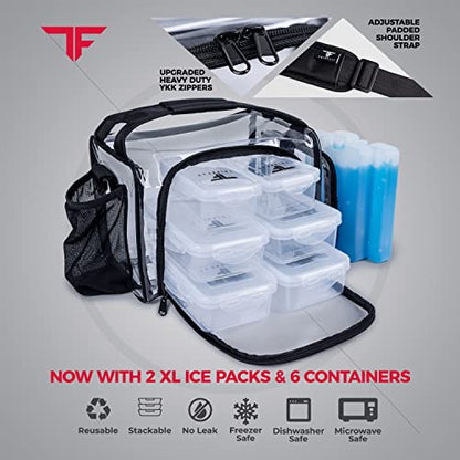 ThinkFit Clear Lunch Bag with 6 Meal Prep Containers and Ice Packs BPA-Free | Includes Shaker Cup, 2 Ice Packs and Pill Organizer; Reusable Clear Lunch Box for Work; Microwave, Freezer, Dishwasher Safe - color: Clear