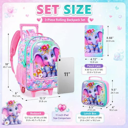 3Pcs Rolling Backpack for Girls, Kids Roller School Backpack with Wheels, Elephant Wheeled Bookbag for Elementary Preschool Kindergarten(Pink) - color: Elephant Pink
