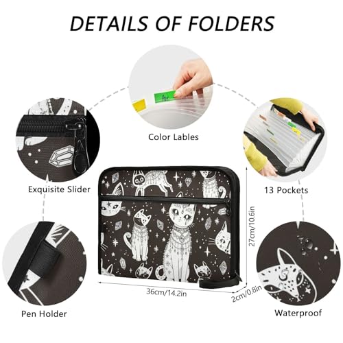 Witch's Cat Expanding Accordion File Folder with 13 Pockets and Zipper Closure - color: Witch's Cat