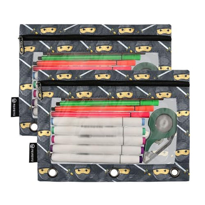 Binder Pencil Pouches Ninja Pattern Pen Case Black | Clear Window 3 Rings, Cosmetic Bags School Office Supplies Cosmetic Makeup Bag 2 Psc - color: Multi-ninja