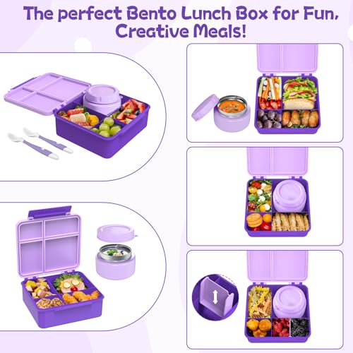 Aimsnk Lunch Box Kids with Thermo Insulated Lunch Bag for School, Purple | Bento Lunch Box for Kids with 8oz Food Jar, Leak Proof Hot Lunch Containers with 4 Compartment, Warm Lunchbox for Toddler - color: Purple