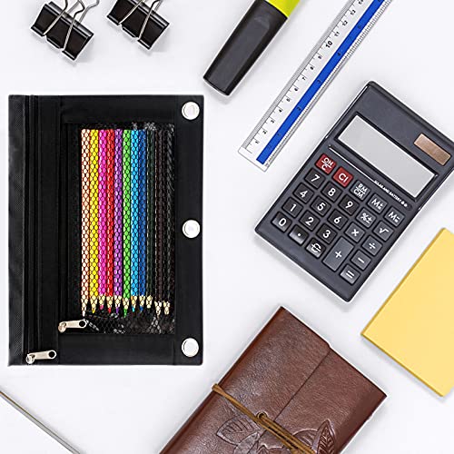 Pencil Pouch 3 Ring Binder Pouch Zippered Pencil Case Canvas Pencil Bag with 2 Compartments (Set of 2, Black) - color: Black