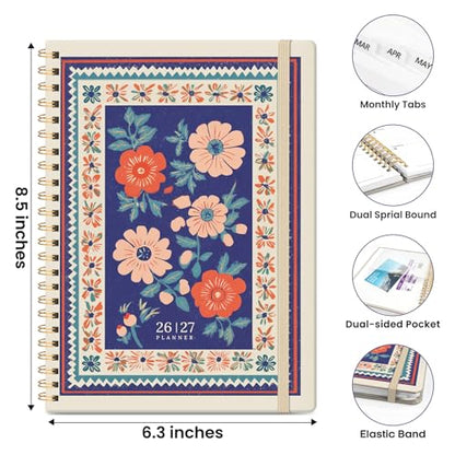 Planner 2026-2027, Academic Planner Weekly and Monthly, Jul 2026 - Jun 2027, Spiral Bound School Planning Tool with Tabs and Pocket, Perfect for Students & Teacher, 6.3" x 8.5", Folk Bloom - color: Folk Bloom, size: 6.3"x8.5" (A5)