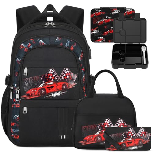 ACESAK Luminous Boys Backpack - Racing Car Bento Box with Insulated Lunch Bag Pencil Case & Utensils Set for Kids, 6 Leakproof Compartments Removable Tray Lunches or Snack Container (Racing Car) - color: Red Car