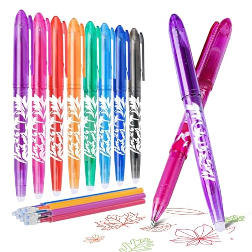 8 Colors Erasable Gel Pens with Refills, 0.5mm Fine Point | Thermal Ink, End Eraser, 8 Refills, Non Toxic, Comfort Grip, Smooth Writing, Smudge Free, Assorted Colors, Office School Gift