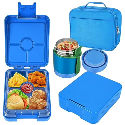 Bento Lunch Box Set for Kids with 10oz Soup Thermo, Leak-Proof Lunch Containers with 4 Compartment, Thermo Hot Food Jar and Insulated Lunch Bag for Kids to School,BPA-Free(Blue) - color: Blue