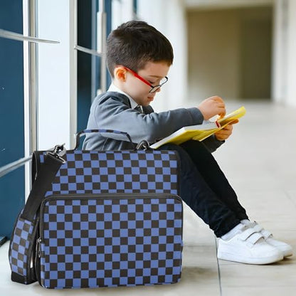 Navy Black Checkered Binder Bag 3 Ring Zipper Binders with Shoulder Strap for School Office Organizer Storage - color: Q018