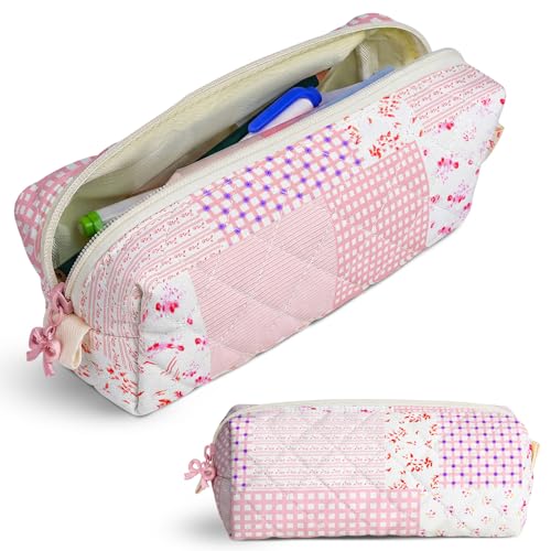 Cute Quilted Pencil Case for Girls Women, Aesthetic Small Floral Pencil Pouch,Slim Soft Pencil Bag for School Supplies Makeup Pouch for School & Daily Use (Pink Patchwork) - color: Pink Patchwork