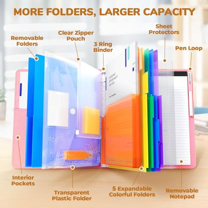 JoyCat 3 Ring Binder Clipboard with Storage,12.4"x10.2"Magnetic Clipboard Folder with 5 Expandable Folders,Refillable Lined Notepad (11" x 8.5"),Ideal for School Office Nursing(Pink) - color: Pink
