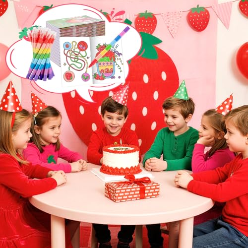 BenLouis 24 Strawberry Mini Coloring Books Kids with 24 Stacking Crayons Berry Party Favors Activity Books Bulk for Kids Girl Fruit First Goodie Bag Gift Stuffer Classroom Reward - style: Strawberry