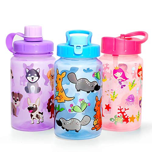 3 Pack 16oz Kid Water Drinking Bottle - BPA Free, Flip Straw Cap, Carry Loop, Chug Lid, Wide Mouth, Lightweight, Leak-Proof Water Bottle with Cute Design For Girls & Boys - Mermaid & Animals - color: Mermaid & Animals