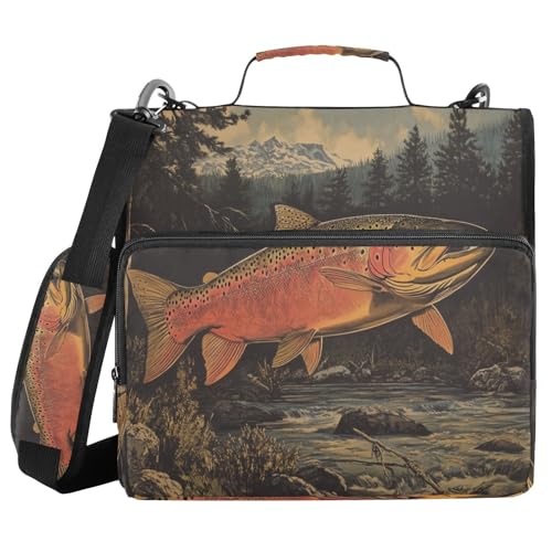 Cute Fish Trout Zipper Binder Bag 3 Ring with Handle Shoulder Strap, Binder File Organizer Bag Storage Case for Work Office School