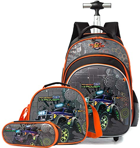 Meetbelify 3Pcs Rolling Backpack for Boys with Lunch Bag Pencil Case School Bags Wheeled Backpack - color: Gray