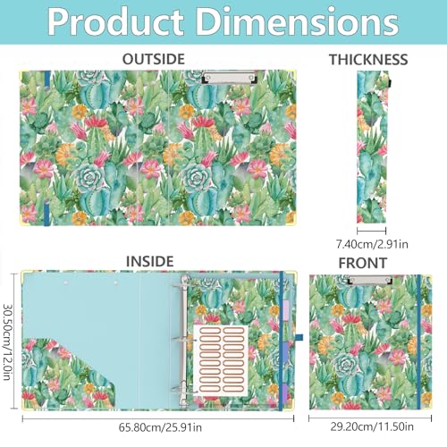 3 Ring Binder 2 Inch, Cute Round Ring Binders with 6 Tab Dividers, Labels Stickers, Low Profile Clipboard with Storage, Fashion Binder School Office Supplies(Cactus Flowers) - color: Cactus Flowers