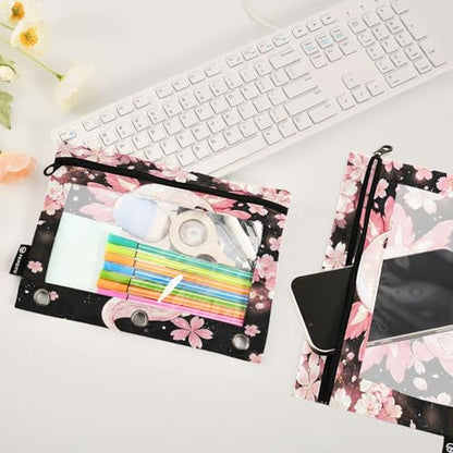 2 Pack Pencil Pouch for 3 Ring Binder Axolotl Cherry Blossom Pencil Case Pouch with Clear Window Zipper Binder Pencil Pouches Pen Bag for Office School Supplies - color: Axolotl Cherry Blossom