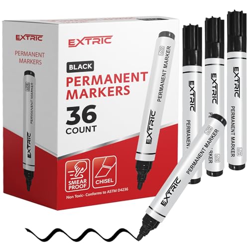 EXTRIC Black Permanent Markers, Chisel Tip, 36 Count Bulk, Quick Drying Ink, Works on Paper, Wood, Plastic, Metal and Glass, Great for Home, Office and School use - color: Black 36 Count