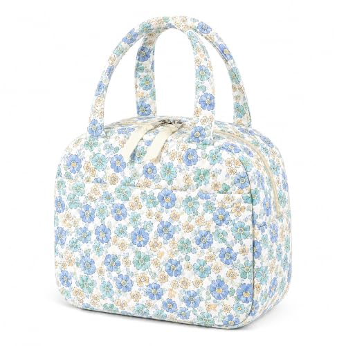 WOBAGMEN Quilted Lunch Box for Women,Coquette Aesthetic Lunch Box for Teen Girls,Cute Floral Lunch Bags for Work, School,Office,Picnic,Travel (green blue floral) - color: green blue floral