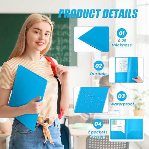 Gueevin 100 Pack Plastic Folder with Pockets, 2 Pocket Folders, Plastic Glossy Folders Fit Letter Size Paper, Heavy Duty Durable File Folder with Business Card for Home Office School (Lake Blue) - color: Lake Blue