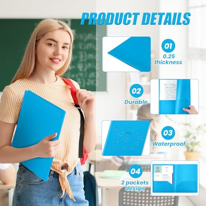 Gueevin 100 Pack Plastic Folder with Pockets, 2 Pocket Folders, Plastic Glossy Folders Fit Letter Size Paper, Heavy Duty Durable File Folder with Business Card for Home Office School (Lake Blue) - color: Lake Blue