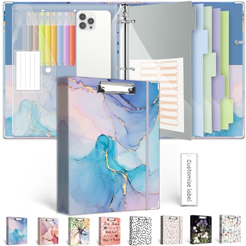1 Inch 3 Ring Binder Organizer with Clipboard, 5-Tab Pockets Dividers, Clear Folder, 18 Divider Stikers, BVSSX Decorative Three Ring Binder with Pen Loop, Elastic Strap (Blue Marble,Letter Size) - color: 03-blue Mable, size: 1in（Letter Size）