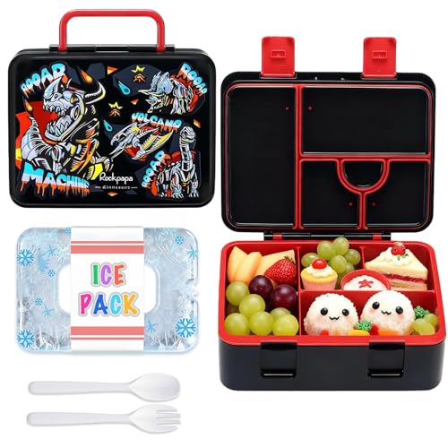 rockpapa Chill Bento Box for Kids- Large 5.5 Cups Lunch Box with Ice Pack - 5 Compartments, BPA-Free, Leak Proof, with Utensils & Portable Handle, Microwave/Dishwasher Safe (Black Dinosaur) - color: Black Dinosaur