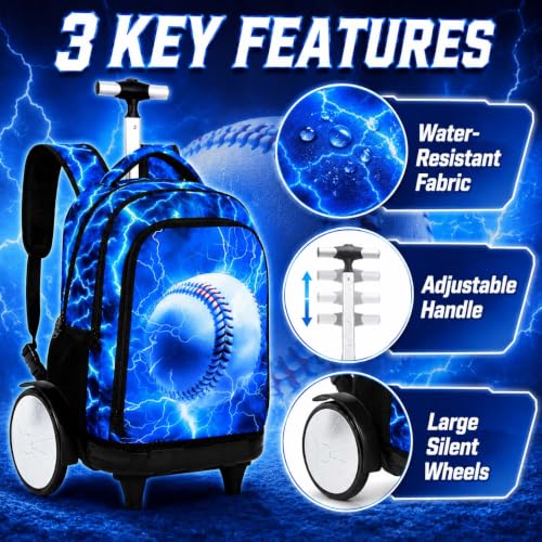 KLFVB Big Quiet-Glide Wheels Wheeled Backpack, 3-in-1 Rolling Bookbag Set with Lunch Bag | Water-Resistant Roller Bag for Boys, School, Travel, Play - Lightning Baseball - color: Big Wheels Rolling Backpack - Lightning Baseball