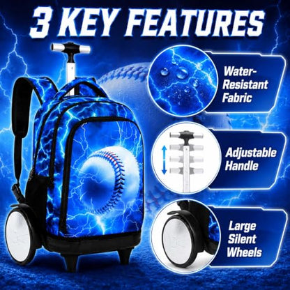 KLFVB Big Quiet-Glide Wheels Wheeled Backpack, 3-in-1 Rolling Bookbag Set with Lunch Bag | Water-Resistant Roller Bag for Boys, School, Travel, Play - Lightning Baseball - color: Big Wheels Rolling Backpack - Lightning Baseball