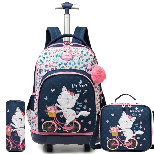 Backpack with Wheels for Girls Rolling Backpack for School with Lunch Bag Cute Carry On Backpacks for Elementary Student - color: Pink Cat