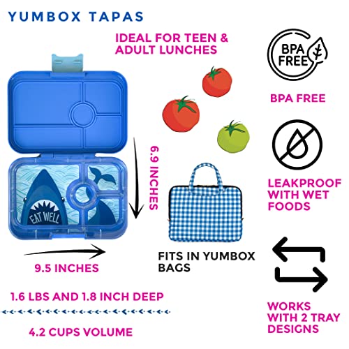 Yumbox Tapas Leakproof Bento Box, 4 Compartments, True Blue Shark | Large Capacity Design | Sandwich-Friendly | Removable Compartment Tray | Easy-Open Single Latch | Ideal for Teens & Adults - color: True Blue - Shark