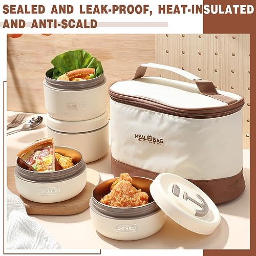 Dandat 4 Pcs Insulated Lunch Container, Portable Bento Box, Stainless Steel Lunch Box, Round Stackable Leakproof Thermal Food Container for Adult Men Women with Insulated Bag, 74 oz(Beige) - color: Beige