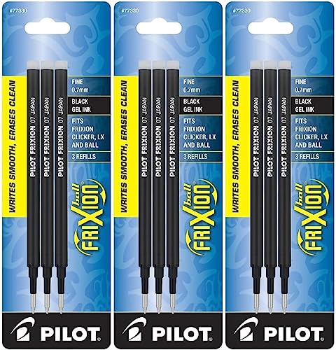 Pilot FriXion Gel Ink Refills for Erasable Pens, Fine Point, Black Ink, 9 Refills (77330) - size: 3 Count (Pack of 144)