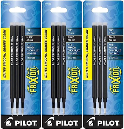 Pilot FriXion Gel Ink Refills for Erasable Pens, Fine Point, Black Ink, 9 Refills (77330) - size: 3 Count (Pack of 144)
