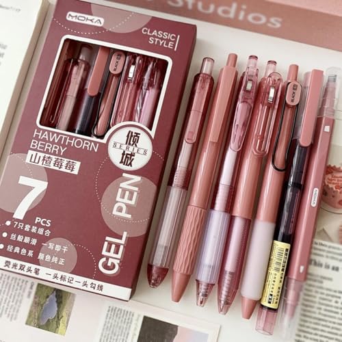 Gel Pens Set,Retractable Black Ink Pens, Quick Dry Smooth Writing Pens with Highlighters, Pink Office & Daily Writing Supplies - color: Pink, size: 7PCS