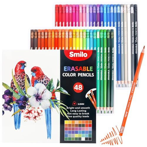Smilo 48-Count Erasable Colored Pencils with Erasers | Easy to Erase, Smooth and Vibrant, Perfect for Adult Coloring Books, Writing, Drawing, Art Supplies for Artists, Beginners - style: 48 colors