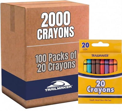 Trail maker Bulk Crayons for Kids (2000 Count), Classroom School Supplies, Party Favors, Donations, Daycare, Preschool & Summer Camp (100 Boxes of 20 Crayons) - color: 2000 count (100 Packs of 20 Crayons)