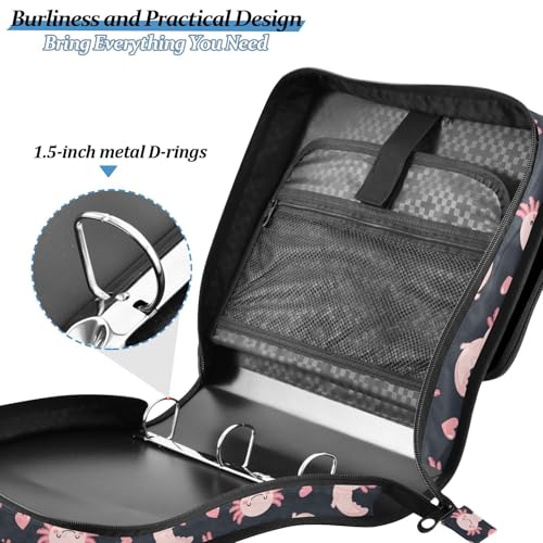 Zipper Binder Bag 3 Ring File Folder Portfolio Organizer Zippered Binder Bags with Strap Fits Laptop Women Men - color: 34-cute Axolotl Heart Black
