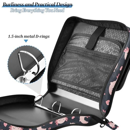 Zipper Binder Bag 3 Ring File Folder Portfolio Organizer Zippered Binder Bags with Strap Fits Laptop Women Men - color: 34-cute Axolotl Heart Black